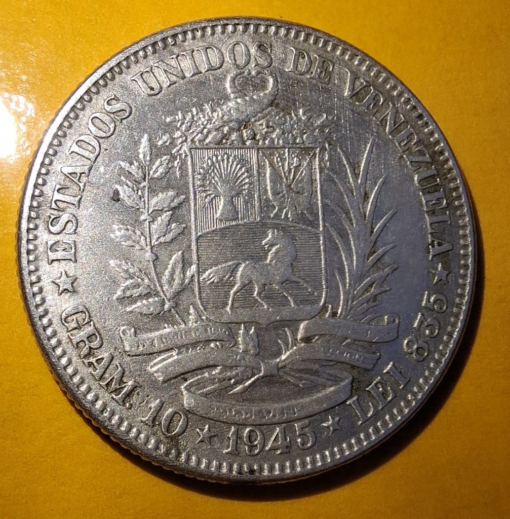 1 Bolívar 1945 em Prata da Venezuela