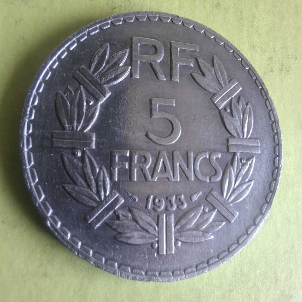 a moeda de 5 Fancos 1933 de França