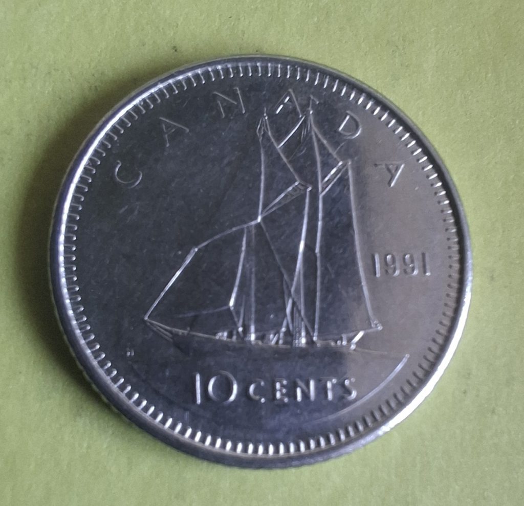 a moeda de 10 cents 1991 do Canadá